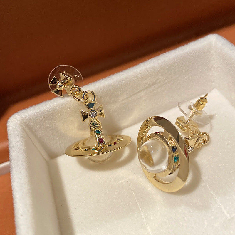 Gold Inlaid Color Pickaxe Stone Earth Planet Earrings Classic Crystal Ball Earrings