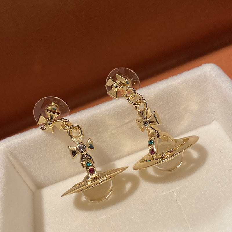 Gold Inlaid Color Pickaxe Stone Earth Planet Earrings Classic Crystal Ball Earrings